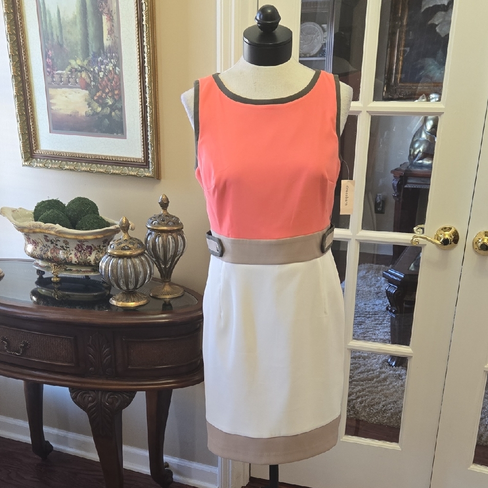 DressBarn Colorblock Sleeveless Dress Coral Tan Brown Cream Fitted Waist 12P NEW